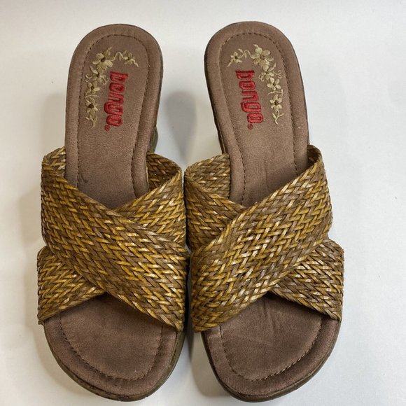 Bongo Womens Platform Sandals Daring SZ 7.5 Wedge Heel Tan Brown Basketweave - Picture 5 of 11